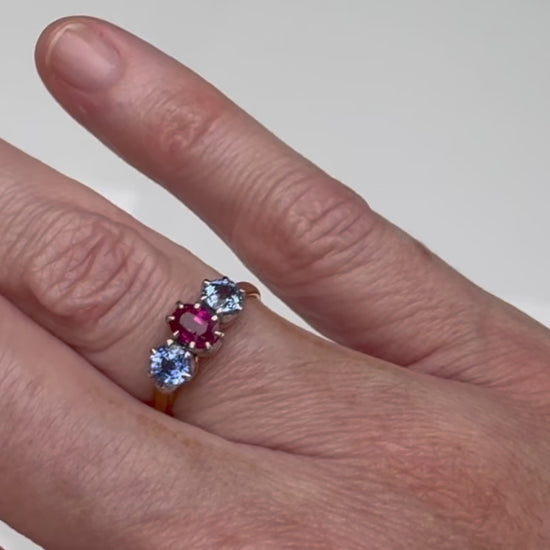 3 stone Sapphire and Ruby ring in 18ct Melbourne colours