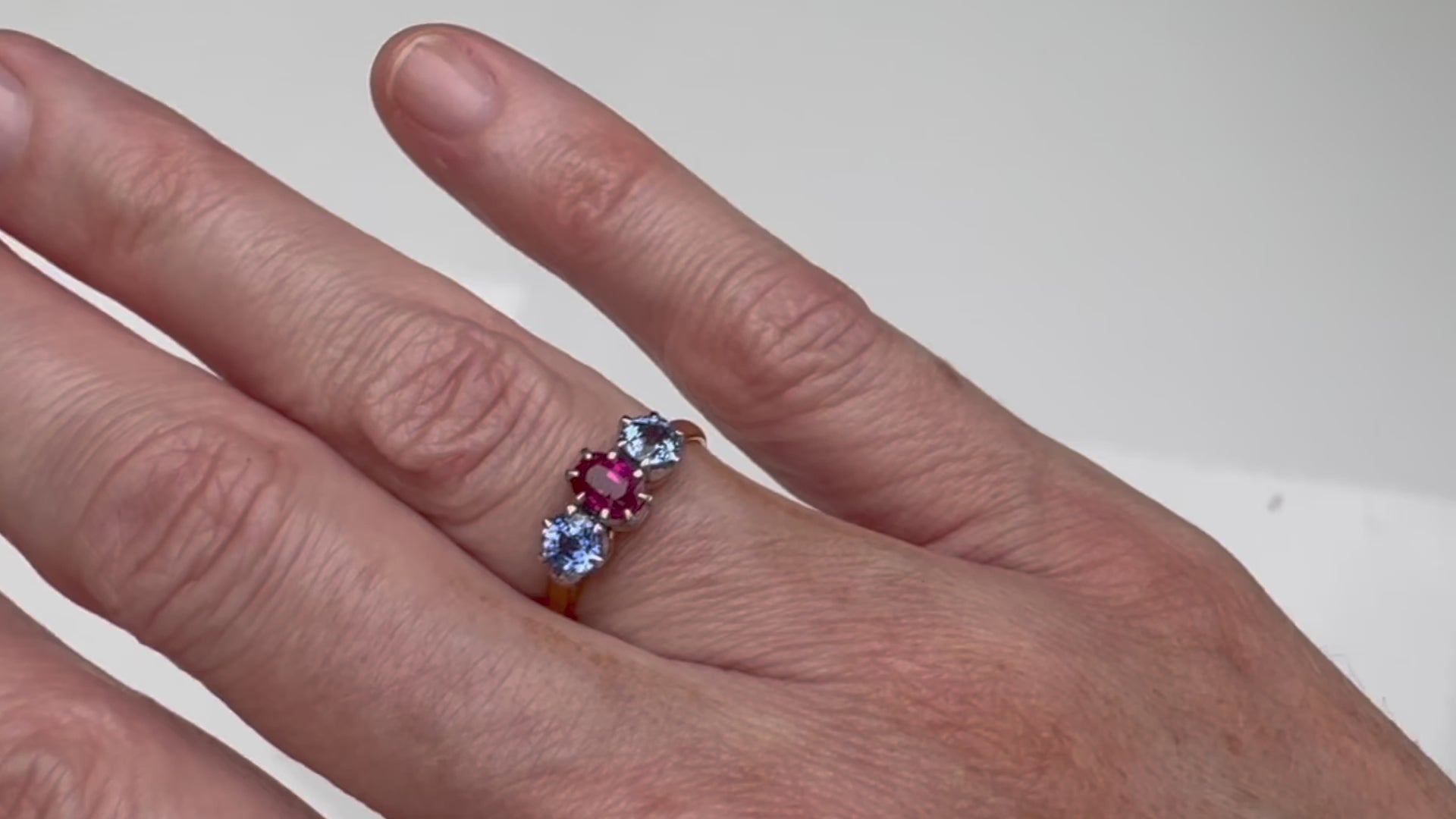 3 stone Sapphire and Ruby ring in 18ct Melbourne colours