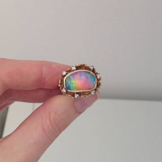 Vintage (circa 1970)  Black Opal & Diamond Ring in 18 ct yellow gold