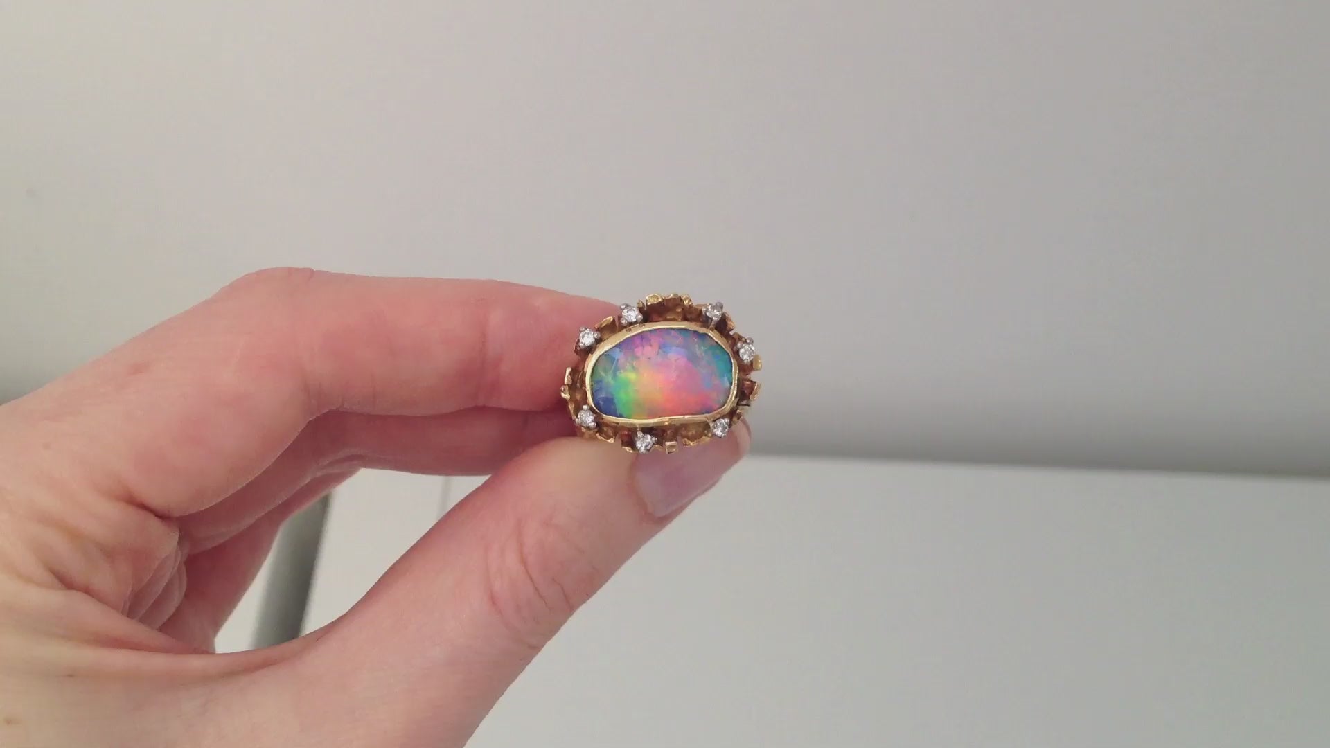 Vintage (circa 1970)  Black Opal & Diamond Ring in 18 ct yellow gold