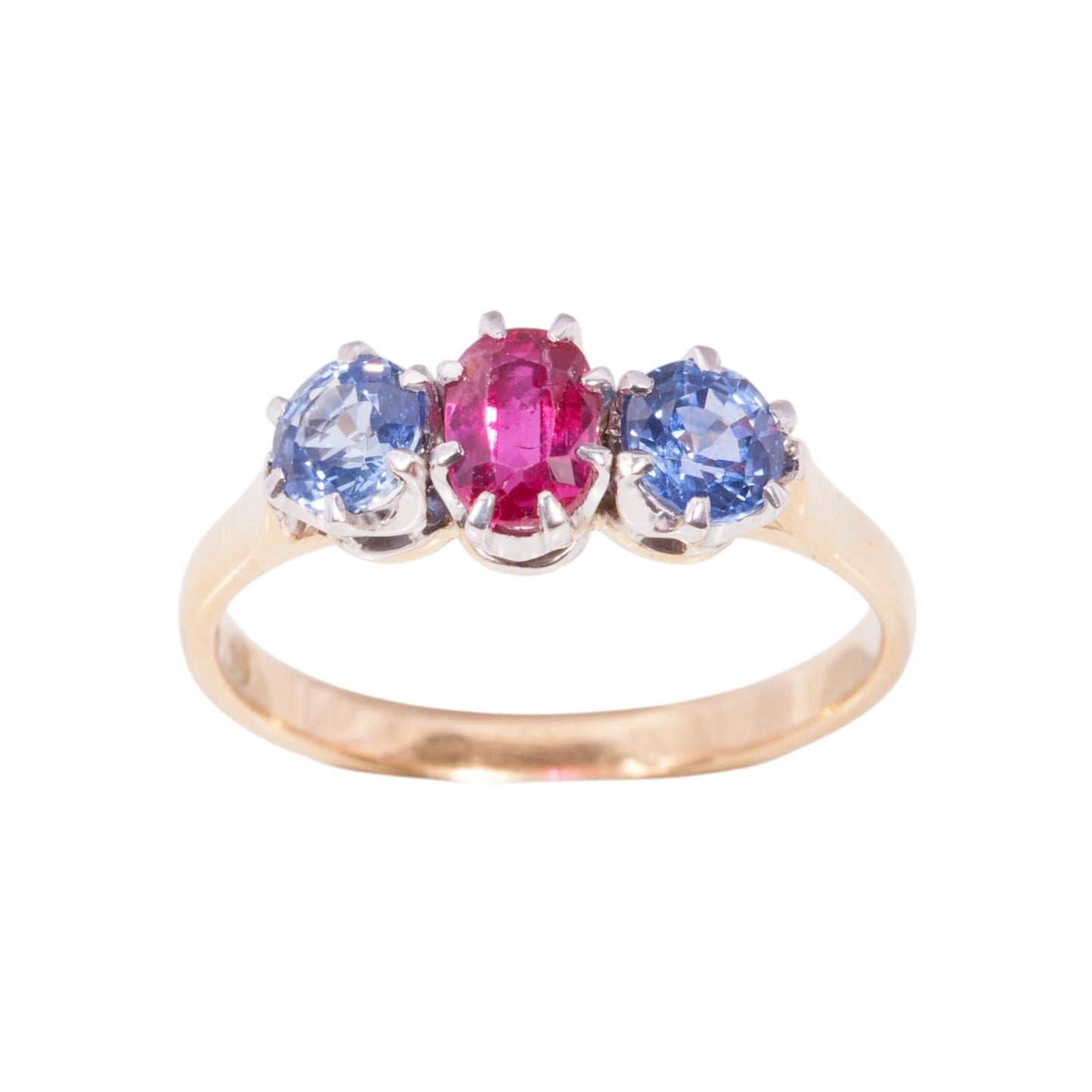 Melbourne Footy Club colours - Handmade Sapphire and Ruby 3 stone ring set in 18ct yellow gold